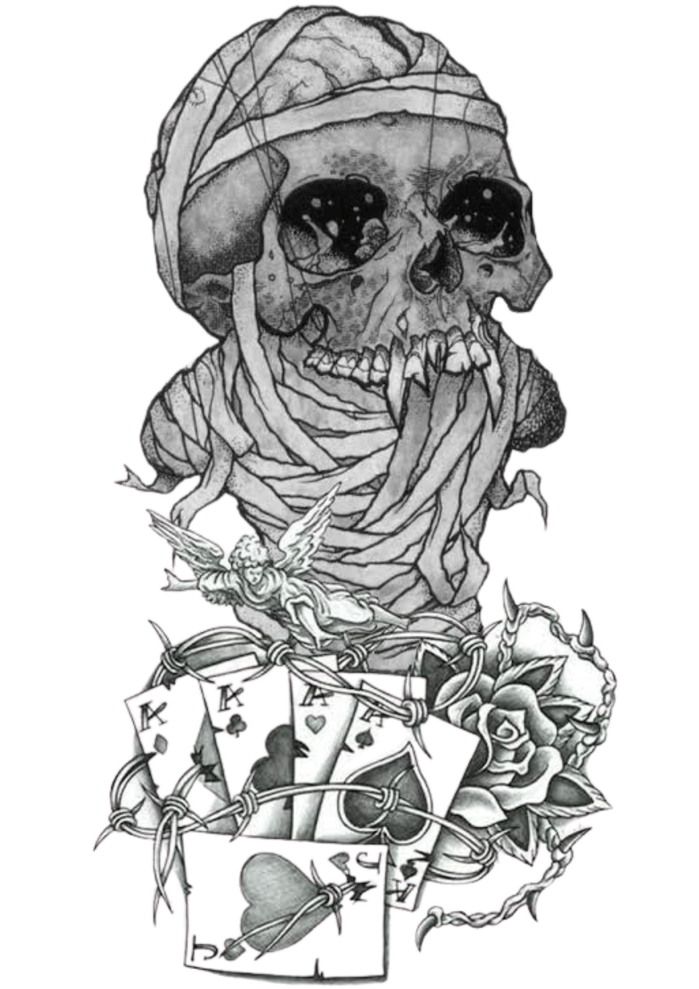 TeMaRo™ Tattoos Hand - Cards and Roses Skull