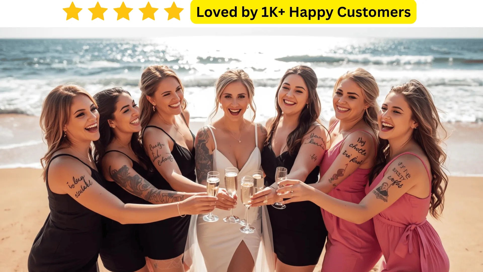 Group of women celebrating on a beach with drinks, text indicating popularity. Bride with bridesmaids wearing matching outfits and tattoos, posing for a photo. Celebrate in Style with Tattoo Bachelorette Party Ideas for&nbsp; Unforgettable Parties in South Africa