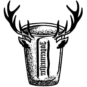 Jagermeister temporary tattoos  illustration of a glass with deer antlers and 'Auerbruehler' text on a white background