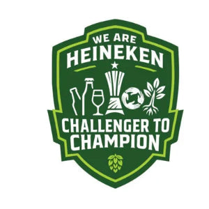 Heineken logo temporary tattoos with text 'We are Heineken, Challenger to Champion' on a green shield with icons.