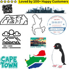 Collection of Cape Town-themed temporary tattoos including a penguin, map, and skyline.