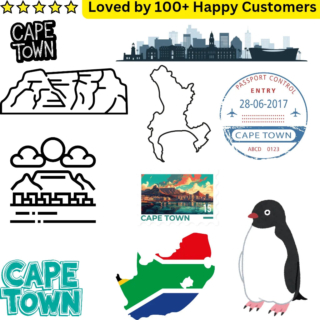 Collection of Cape Town-themed temporary tattoos including a penguin, map, and skyline.