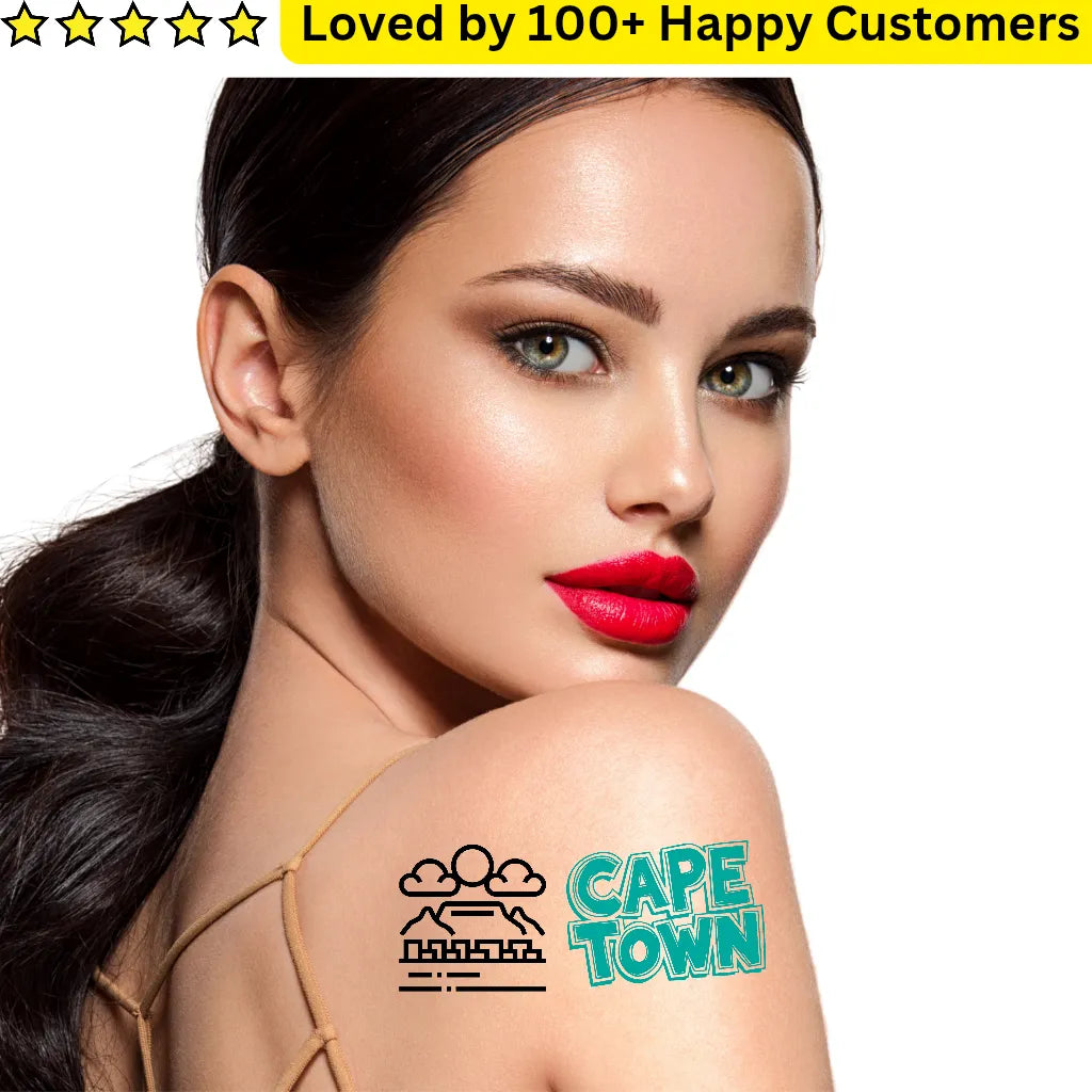 Woman with temporary tattoos of a mountain and 'Cape Town' on her shoulder, with a text overlay about customer satisfaction.