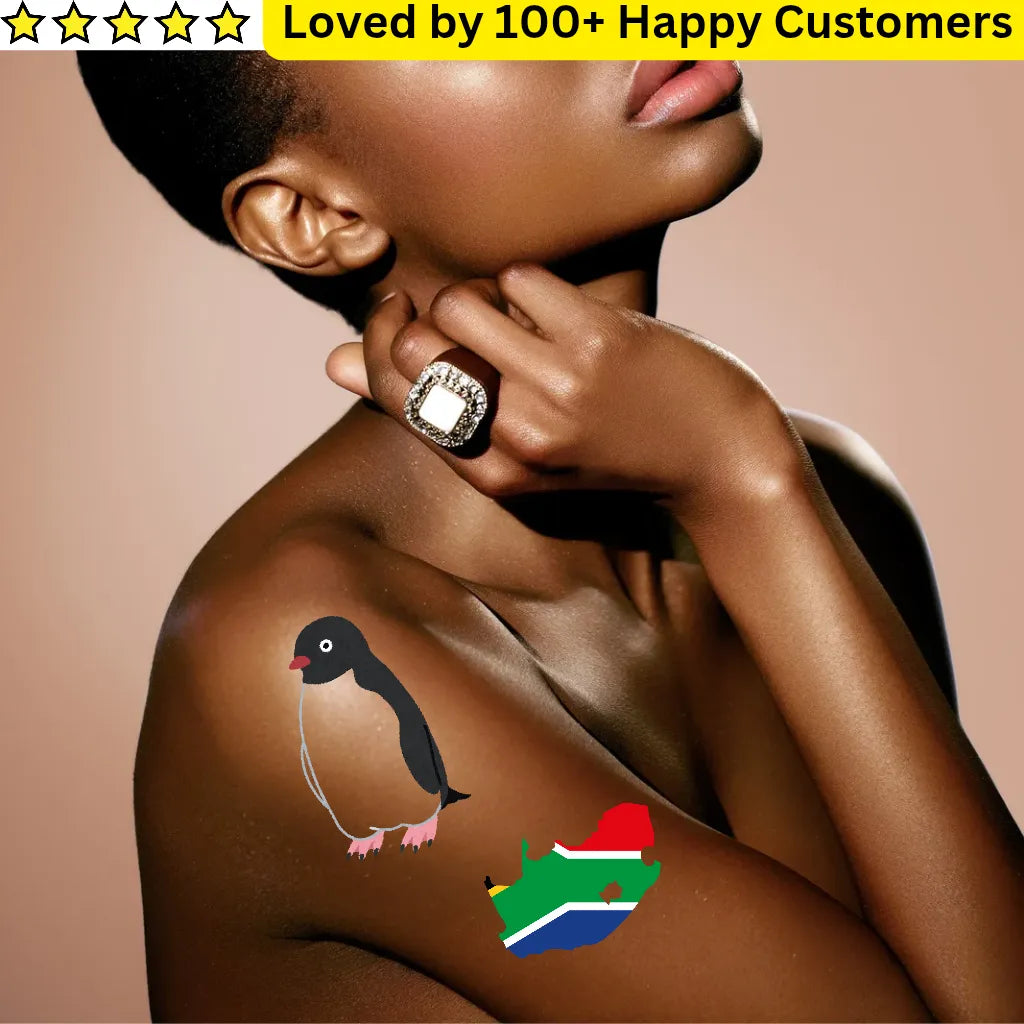 Person with a penguin tattoo and South African flag on their arm, with text 'Loved by 100+ Happy Customers' above.