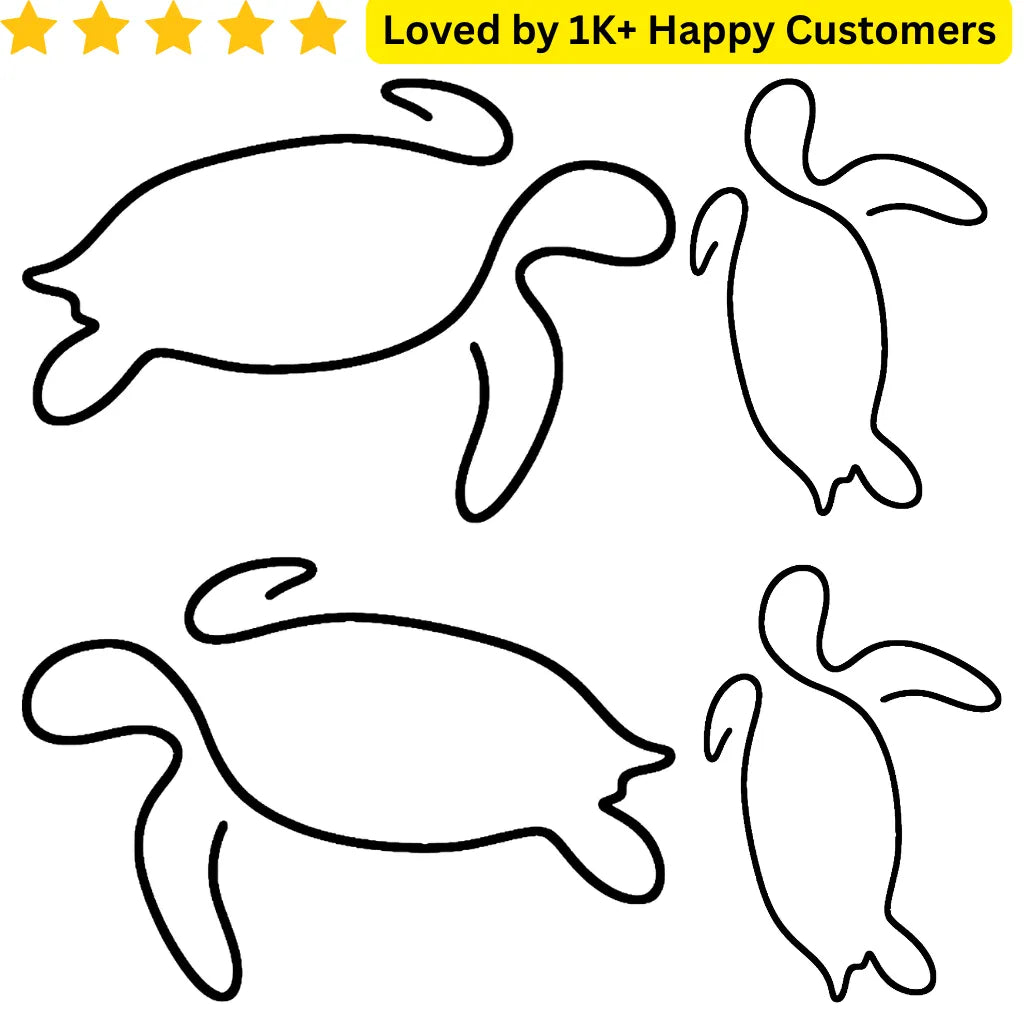Four black outlines of turtles on a white background with text 'Loved by 1K+ Happy Customers'. TeMaRo™ Turtle Tattoo Simple