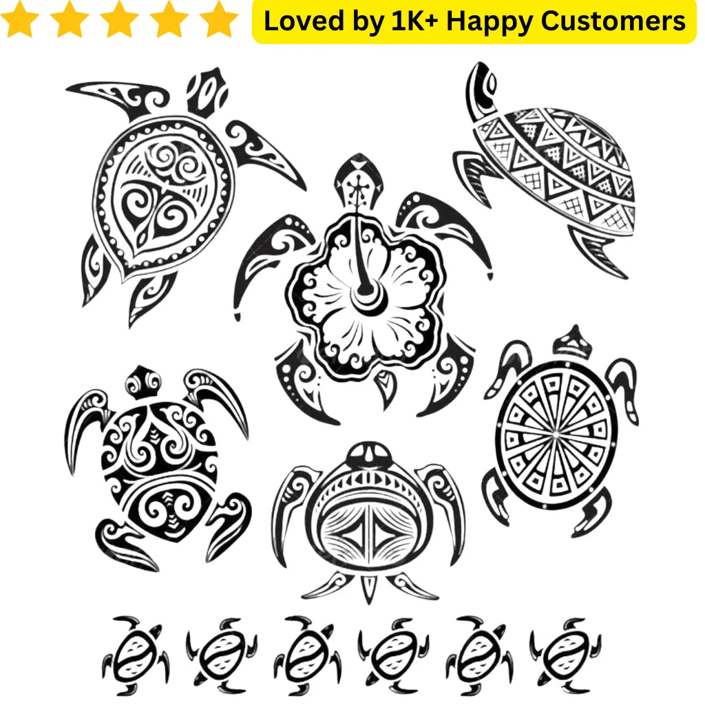 Set of black turtle designs with patterns on a white background, featuring text 'Loved by 1K+ Happy Customers'. TeMaRo™ Turtle Temporary Tattoo