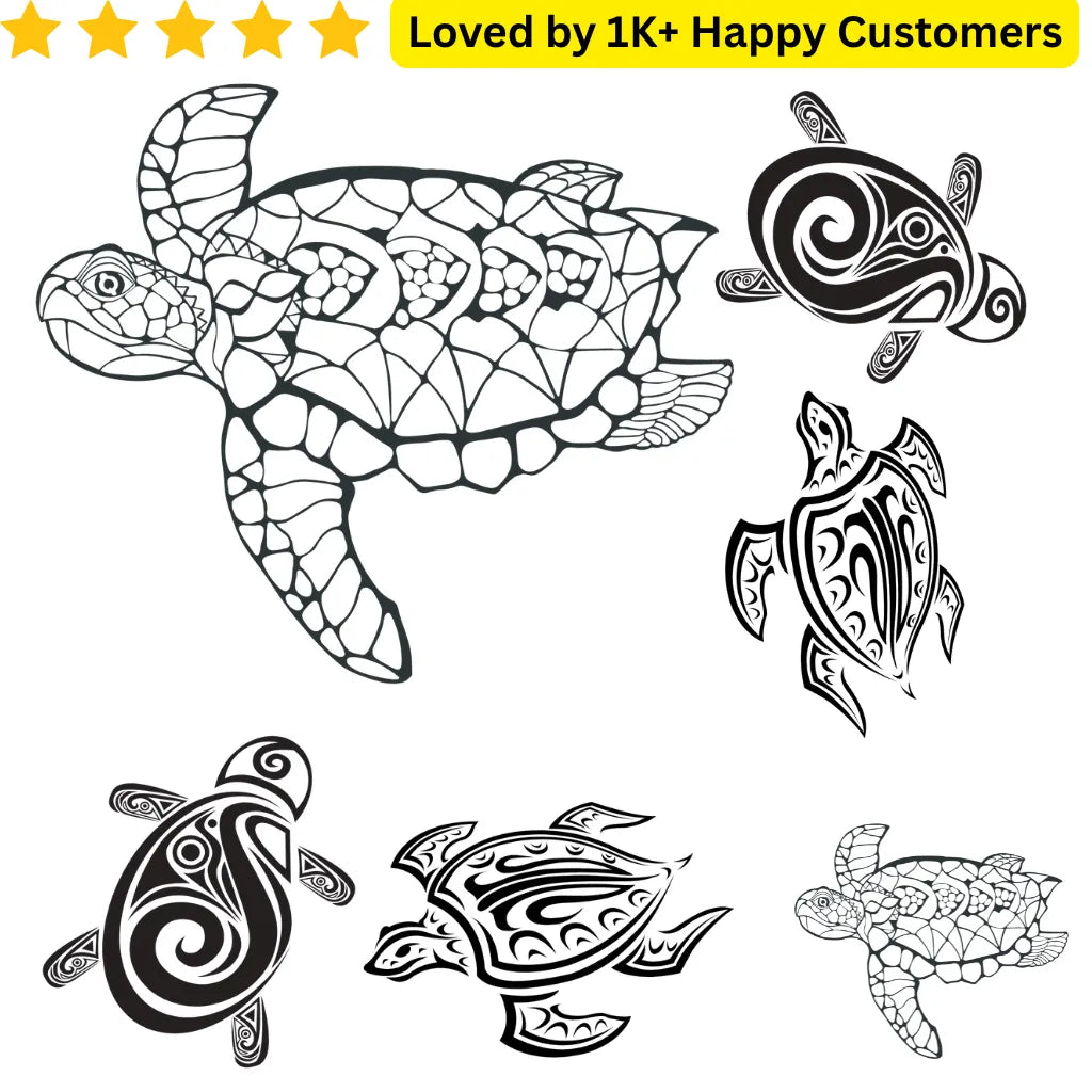 Set of black and white turtle illustrations with tribal patterns, loved by 1K+ happy customers.b TeMaRo™ Turtle Tattoo Small