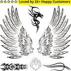 Set of black line art tribal tattoo designs including wings, a dragon, and tribal patterns with text 'Loved by 1K+ Happy Customers'.