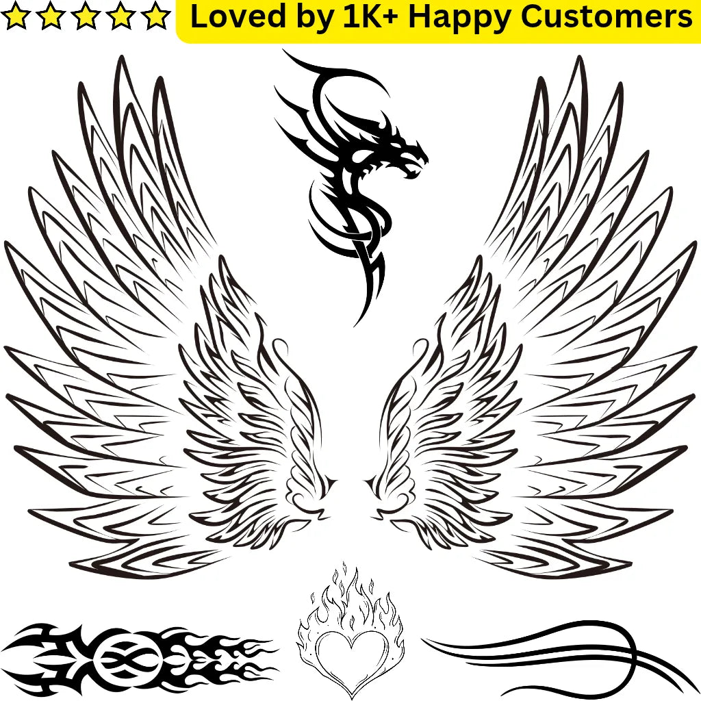 Set of black line art tribal tattoo designs including wings, a dragon, and tribal patterns with text 'Loved by 1K+ Happy Customers'.