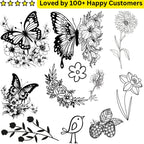 Black and white illustrations of butterflies and flowers on a white background with text 'Loved by 100+ Happy Customers'.