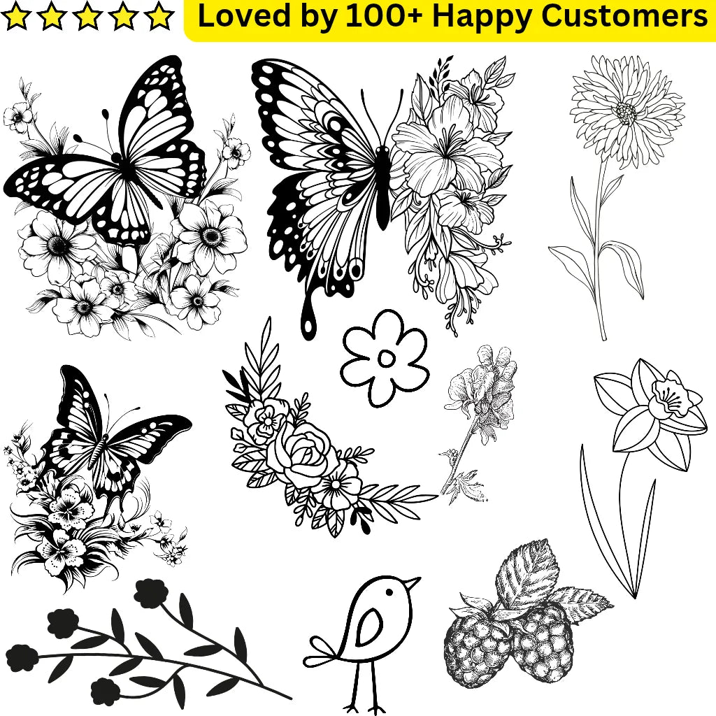 Black and white illustrations of butterflies and flowers on a white background with text 'Loved by 100+ Happy Customers'.