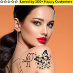 Woman with temporary tattoos of a bird, butterfly, and flowers on her shoulder against an orange background.