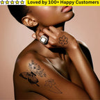 Person with tattoos on arm and hand, surrounded by text 'Loved by 100+ Happy Customers'.