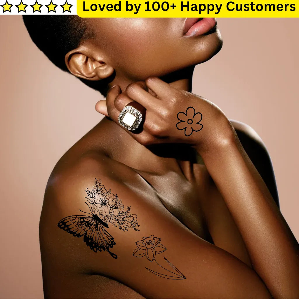 Person with tattoos on arm and hand, surrounded by text 'Loved by 100+ Happy Customers'.
