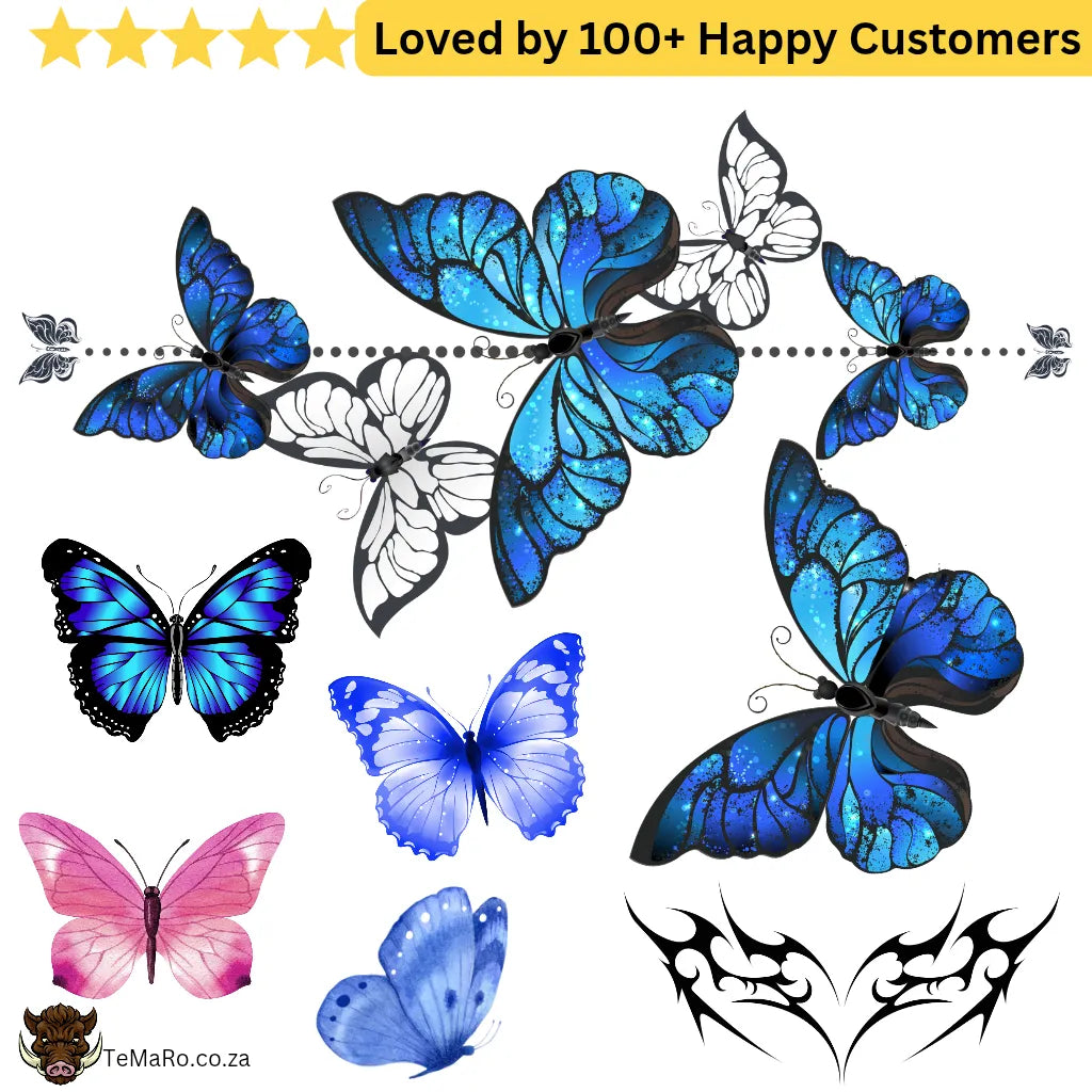 Collection of blue, pink, and black butterflies with tattoo designs on a white background. Women Lower Back Tattoos – Sensual & Temporary Art