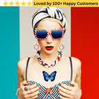 Woman wearing sunglasses and a headscarf with a butterfly design, set against a colorful background. Women Lower Back Tattoos – Sensual & Temporary Art