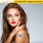 Woman with a blue butterfly tattoo on her shoulder against a gray background. Women Lower Back Tattoos – Sensual & Temporary Art